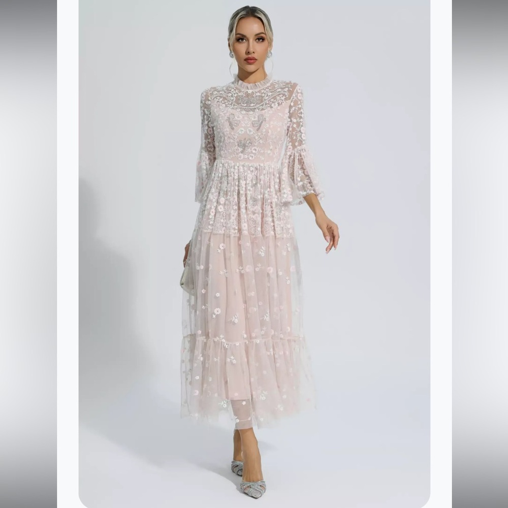 Sunny Pink Floral Embroidery Maxi Dress